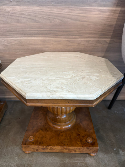 MCM Antique Marble Octagon Top Burl Wood Base