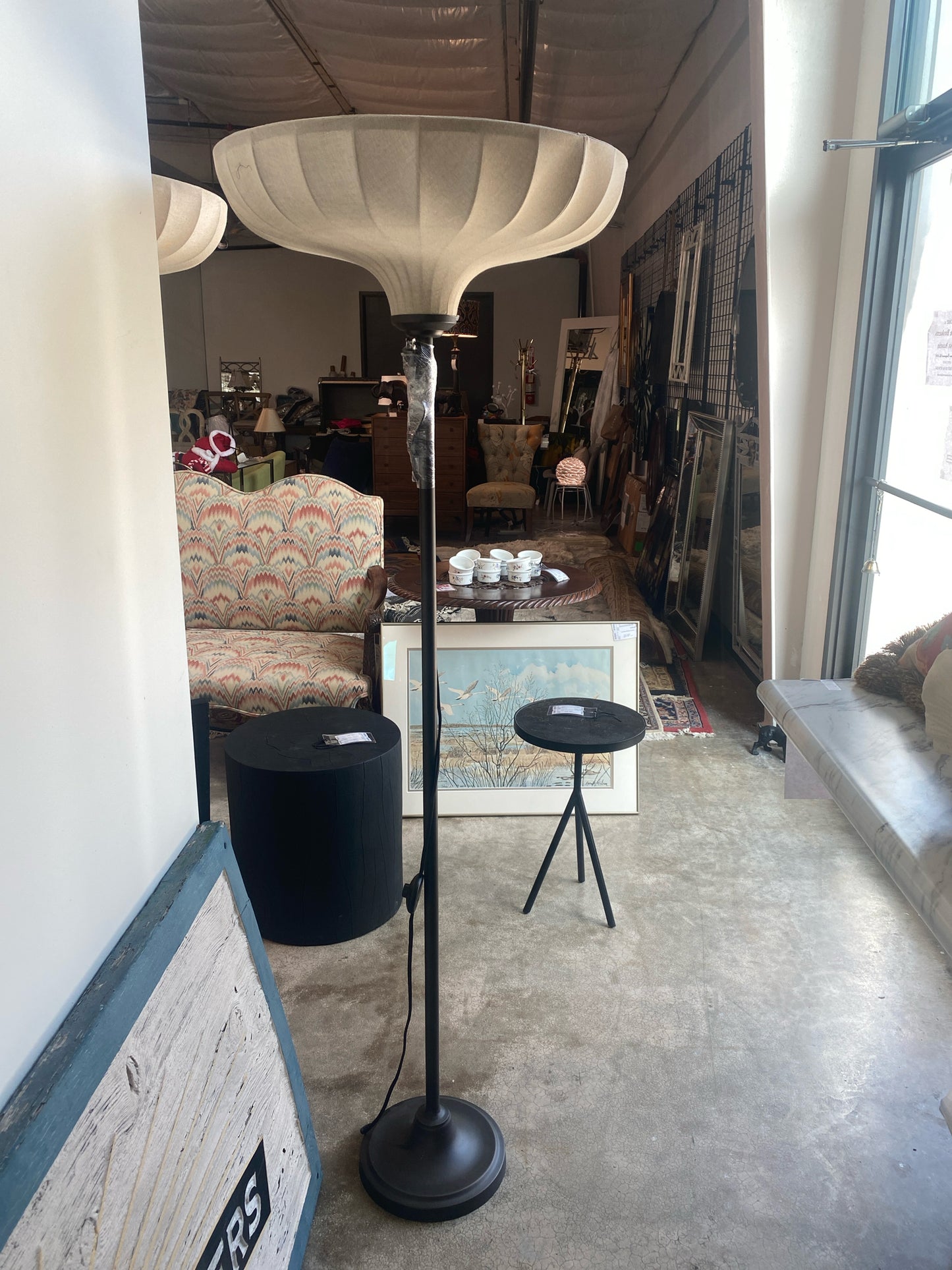 Four Hands "Winslett" Floor Lamp w/Linen Taupe Bowl Shade 68" H