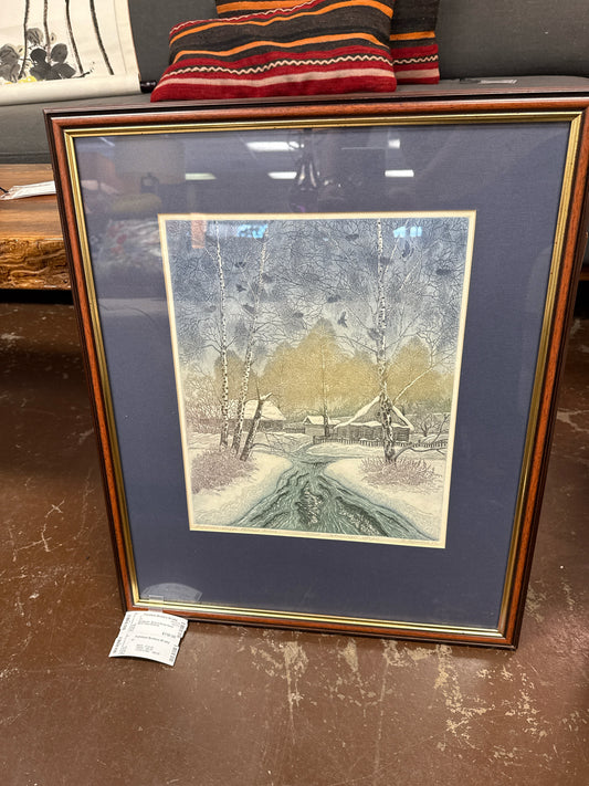 Seriograph - Birds in Snowy Scene Birch Trees (25x23.5)