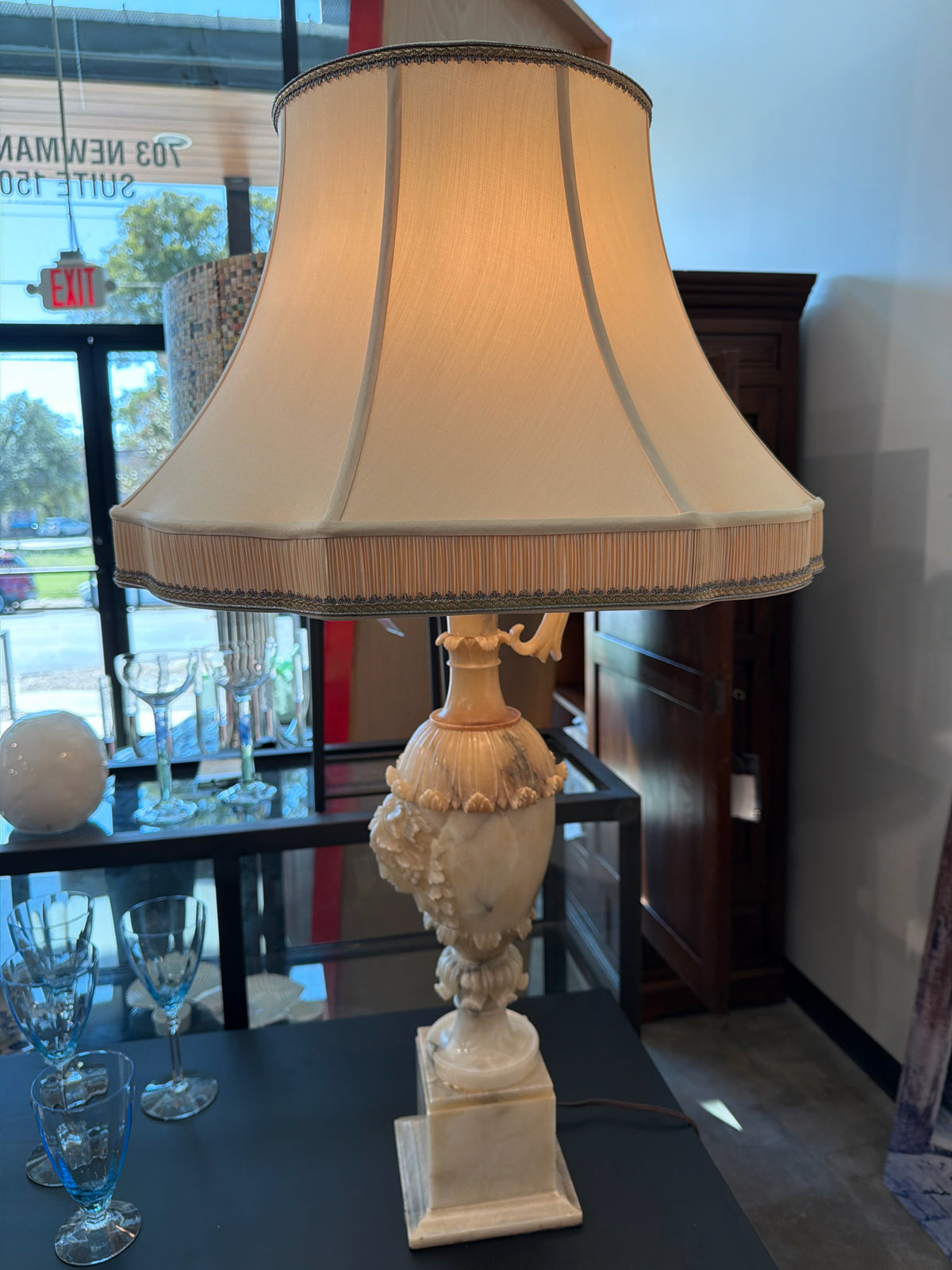 Antique Italian Alabaster Lamp w/ Silk Shade Pleated Detail