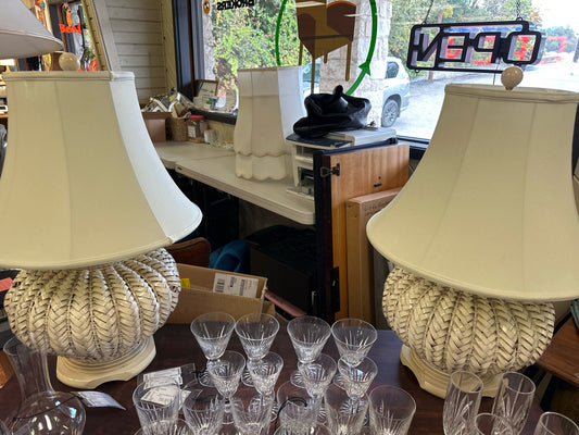 PAIR of White Wicker Lamps and Shades