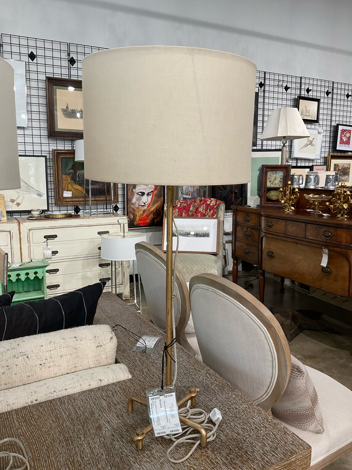 Slender Brass Stem Four Legged Table Lamp w/Linen Shade