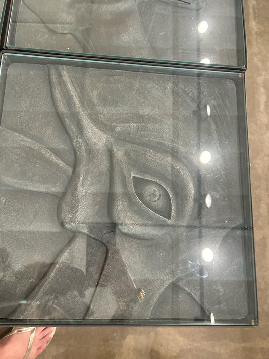 Animal Head Stone Metal Base Glass Top Table