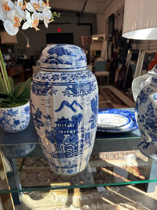 Blue and White Temple Porcelain Ginger Jar with Lid