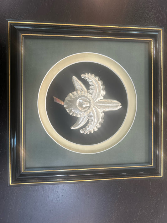 Shadowbox Style- Silver Filigree Orchid Motif w/Green Matting w/Black Frame (9"