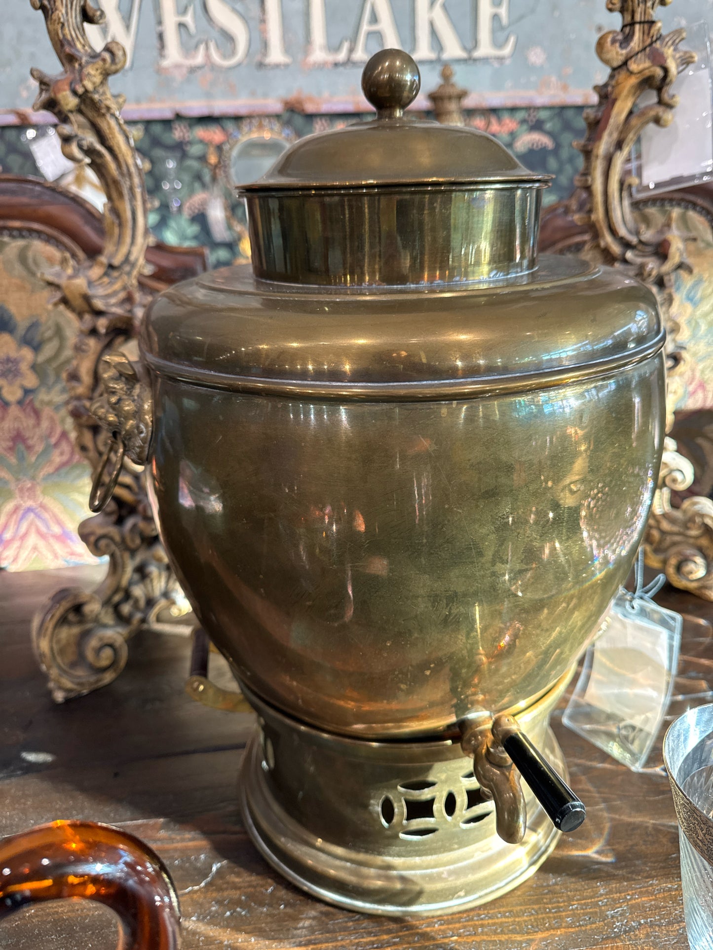 Vintage Brass Water Container - Samovar  w/ Lion