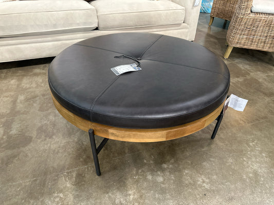 NEW "Edwyn" Round Black Leather/Wood Ottoman