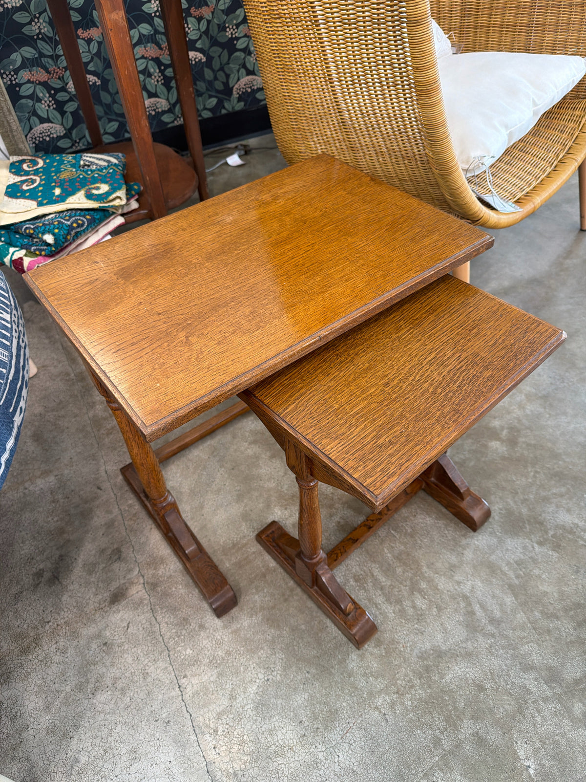 2 Nesting Oak Wood Tables Trestle Bases
