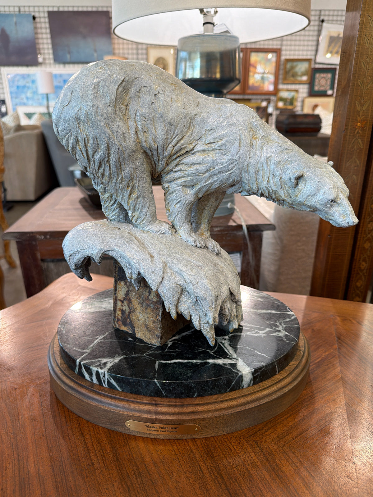 "Alaska Polar Bear" Sculpture on Marble & Wood Base by Paul Rhymer