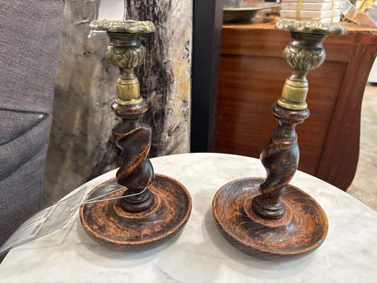 Pair of Antique Wood and Brass Barley Twist Candlesticks