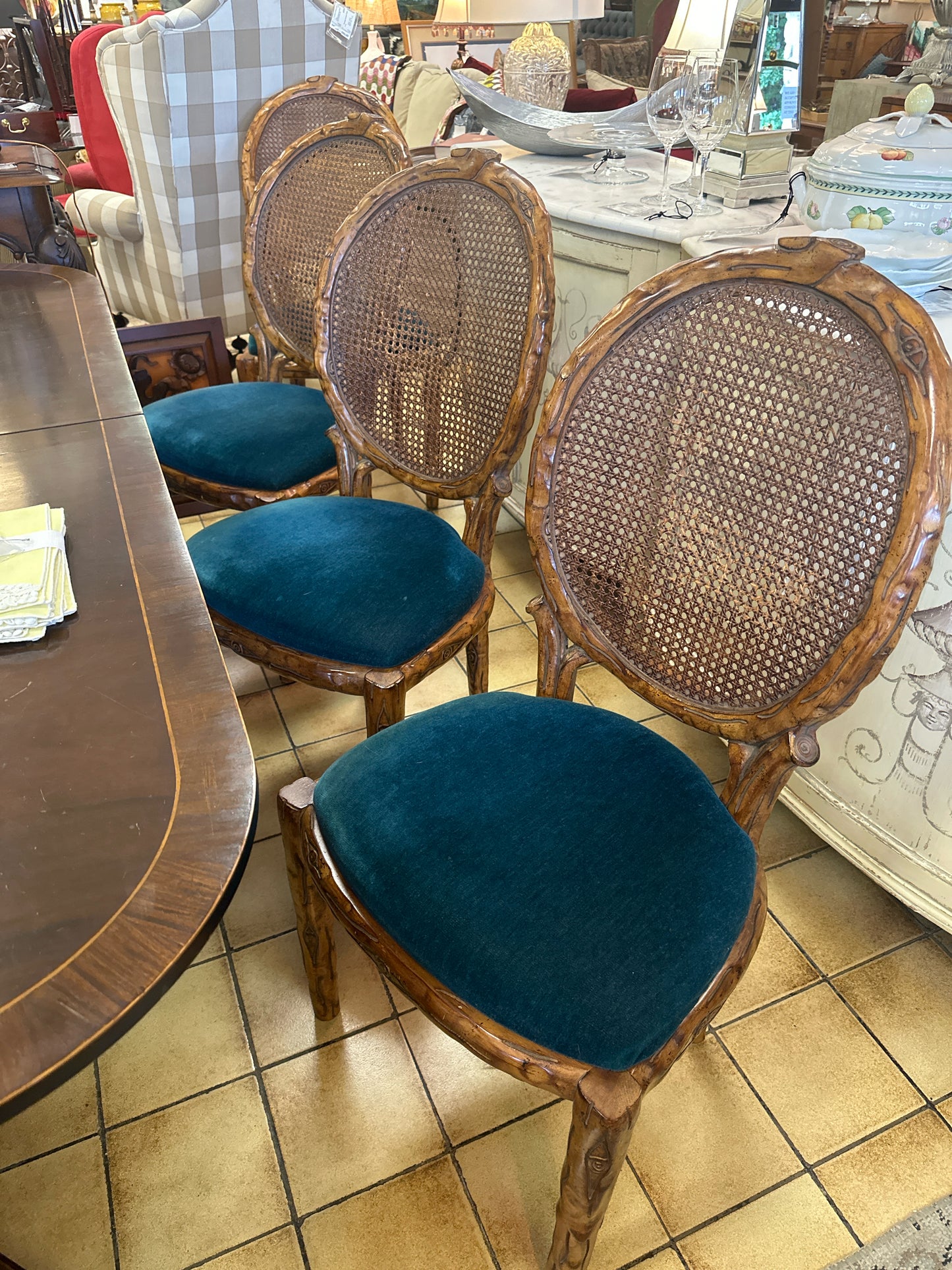 SET of 8 French Cane Back (1 Damaged) Green Egyptian Velvet Dining Chairs