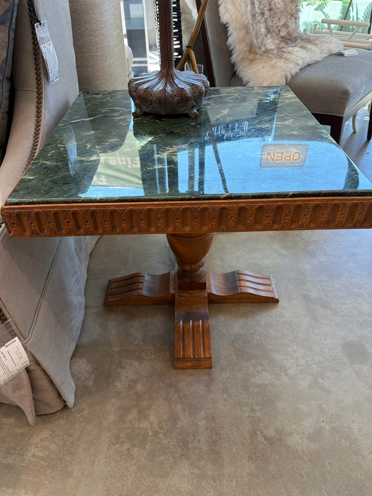 Vintage Green Marble Top End Table 24.5"sq X 21.5"h