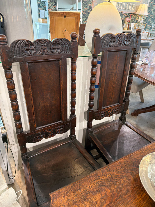 PAIR Antique Oak Carved Chairs (46" H 18" D 17" W)