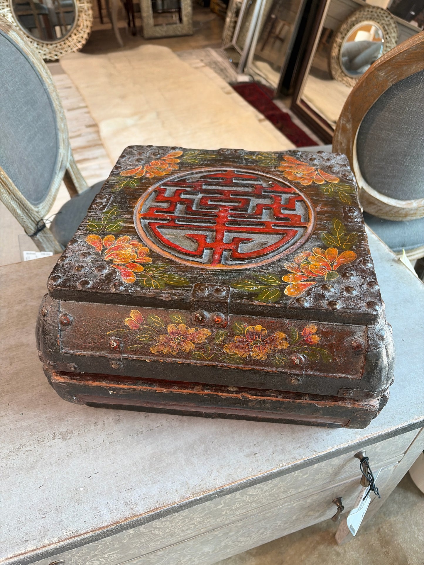 Antique Laquered Floral Asian Box w/ Lid and Caligraphy Good Fortune