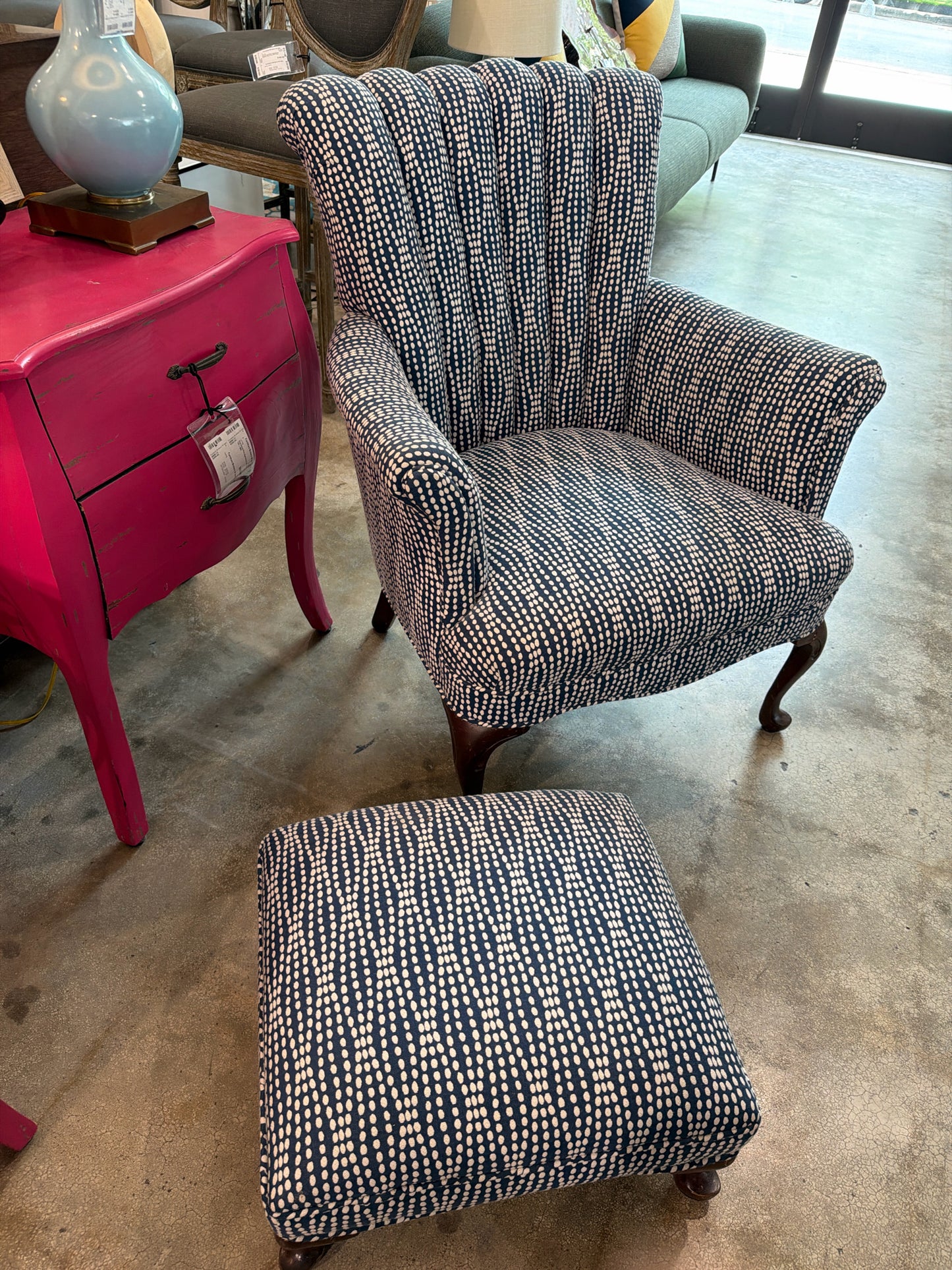 Vintage Chair & Ottoman w/ New Blue/White Upholstery