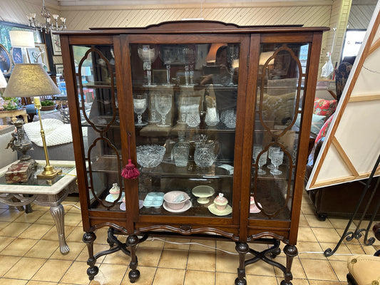 1940's China Cabinet on Casters (Wood w/ Glass & Key)