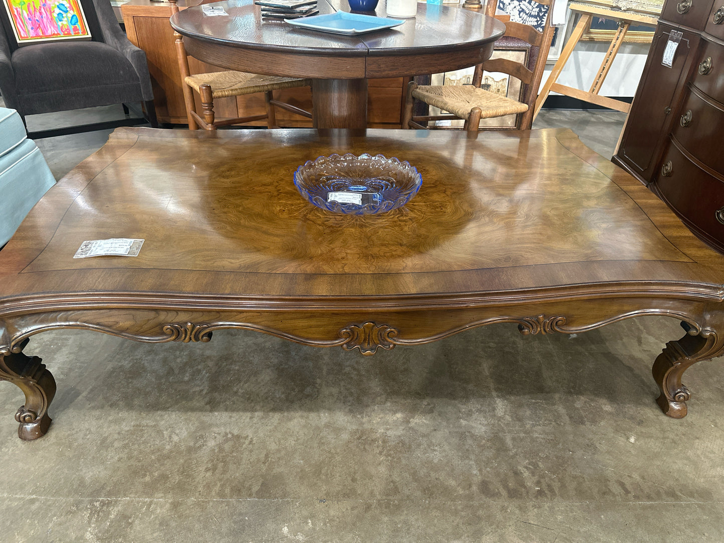 Vintage Wood Coffee Table with Scroll Detail, 65" x 40" x 16"h