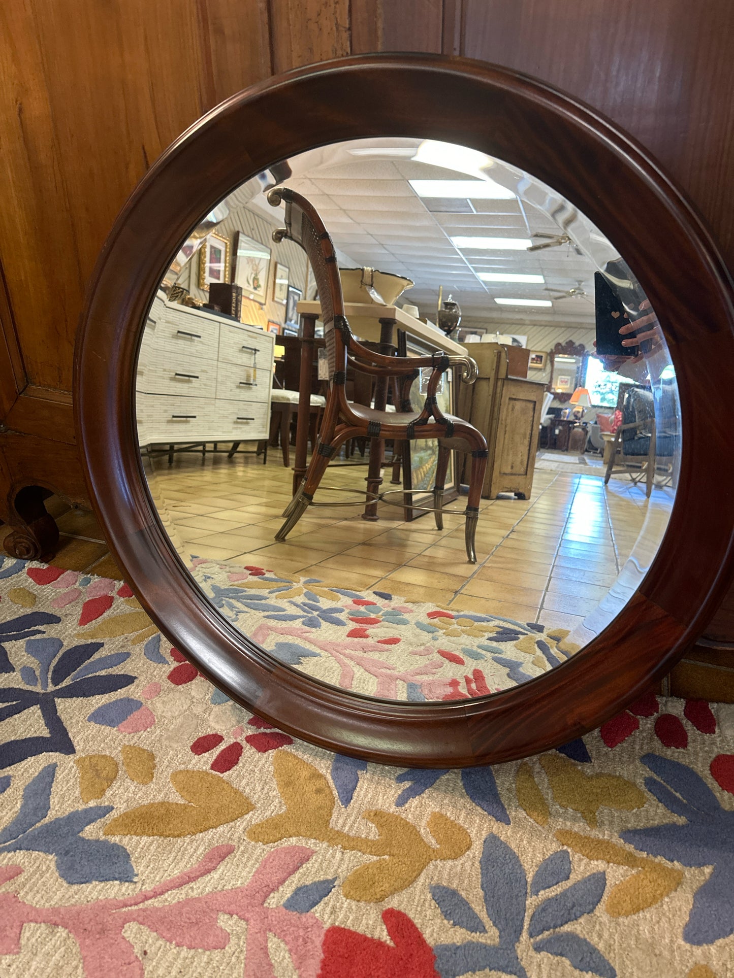 Oak Wood 31" Round Beveled Mirror
