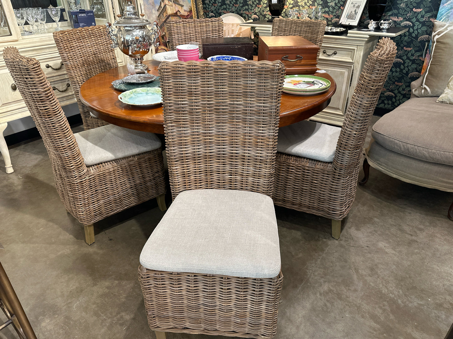 SET of 6 RH Wicker Chairs w/ Upholstery Seats