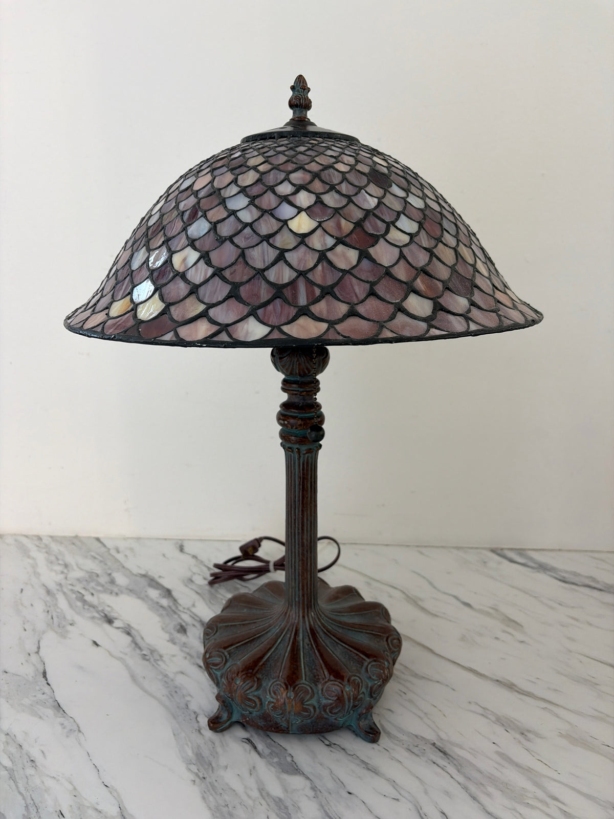 PAIR Tiffany Style Pink/ Purple Fish Scale Shade Lamps Duo-Bulb - 23"H