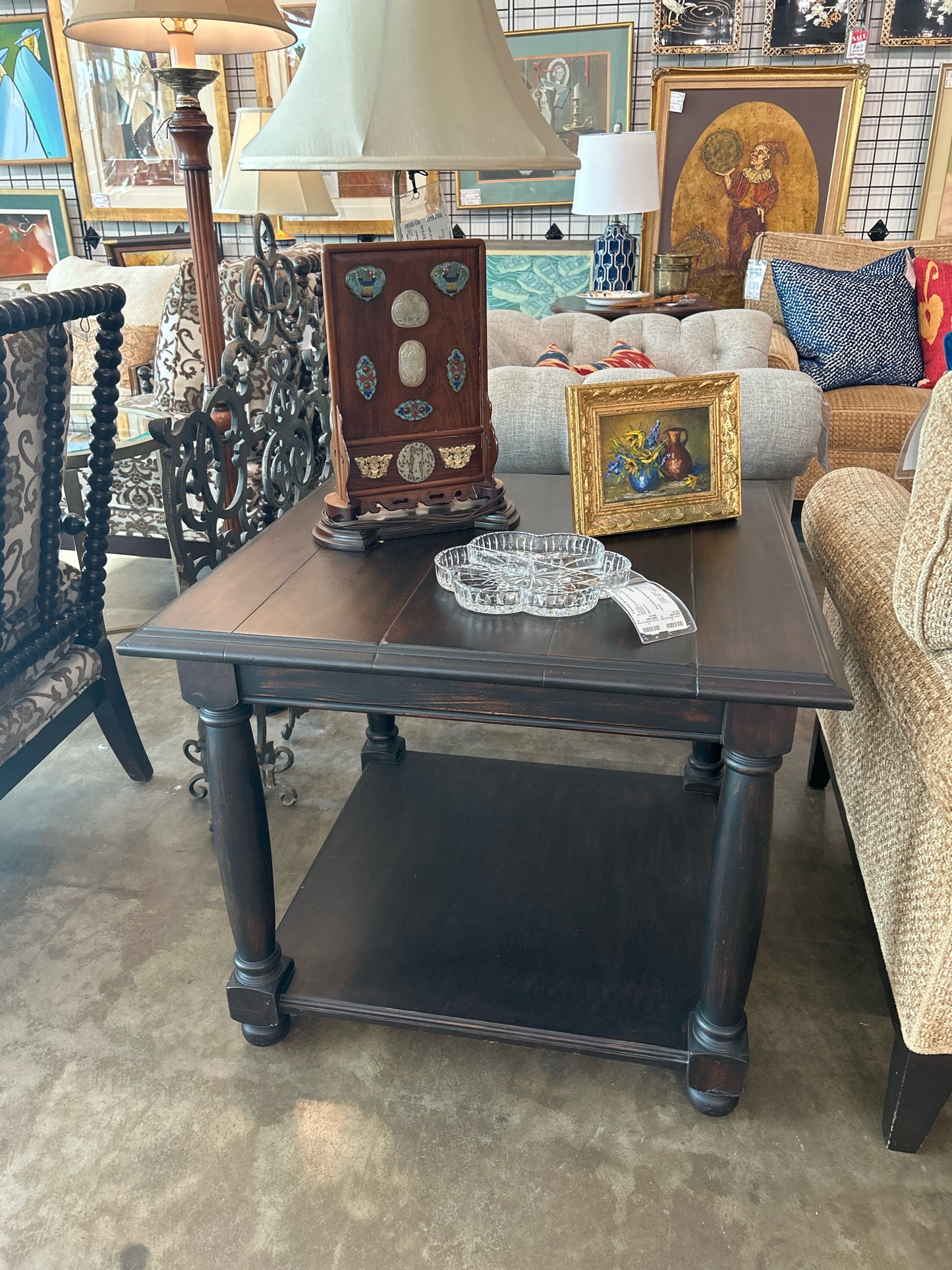 Dark Wood Plank Top Side Table w/ Lower Shelf