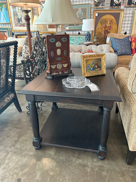 Dark Wood Plank Top Side Table w/ Lower Shelf