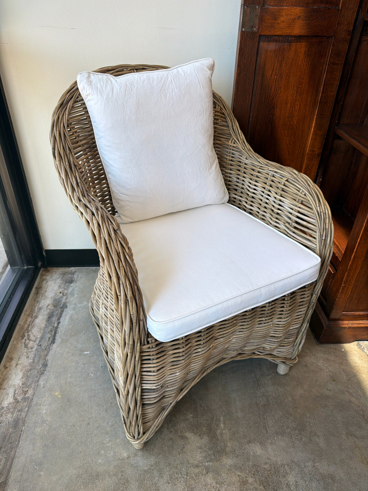 Birch Lane "Attina" Wicker Chair w/ White Custom Cushion & Pillow