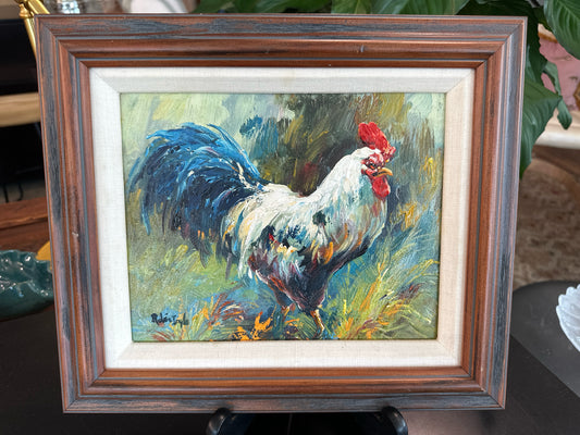 Original Oil of Rooster in Wood Frame 13.5 x 11.5
