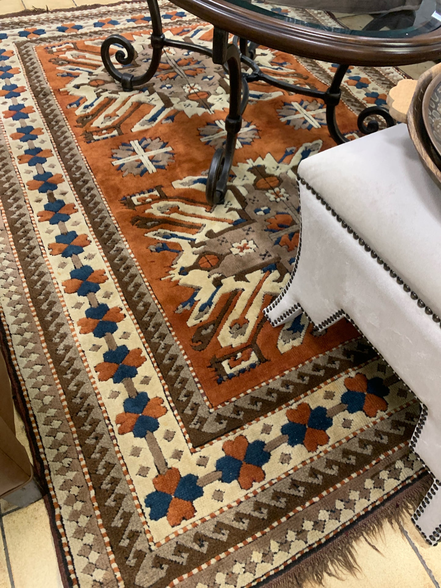 Hand Knotted Turkish Silk/Wool Brown/Tan/Blue/Cream 84"x 62"
