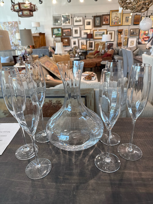 Waterford Crystal Elegance Optic Decanter & 6 Champagne Flutes (signed)