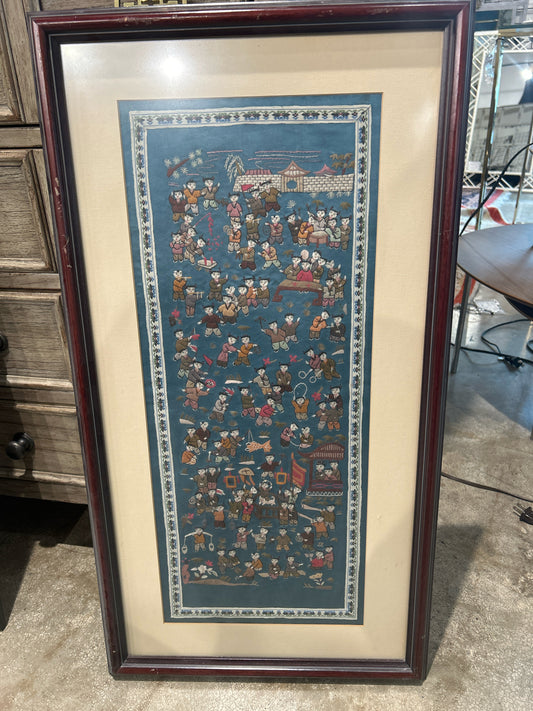 Framed Asian Embroidery Panel - Blue