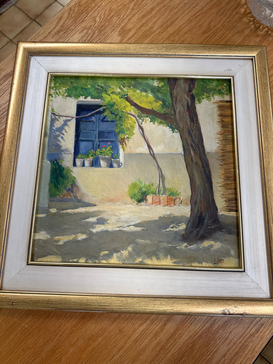 1969 Original Oil on Board of French Window Scene with Flowers (signed, 17x17")