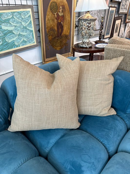 PAIR PB Tan Linen Down Filled Pillows