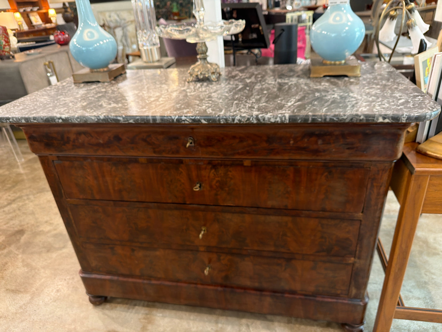 Antique Burl Wood 4-Drawer Dresser/Commode w/Gray Marble Top