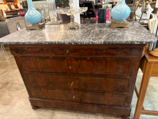 Antique Burl Wood 4-Drawer Dresser/Commode w/Gray Marble Top