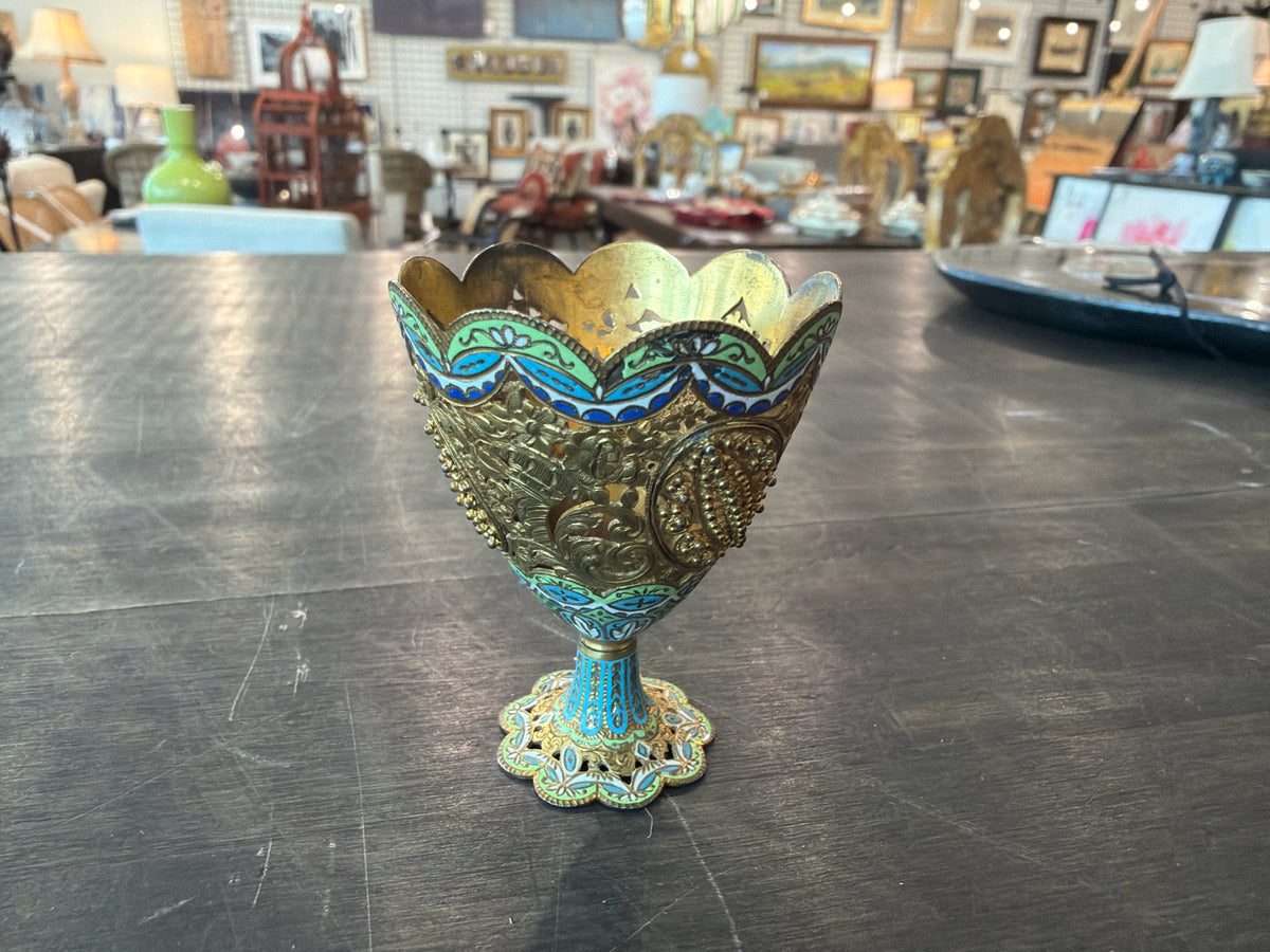 Antique Polychrome Enamel Zarf from Ottoman Empire Silver Gilt