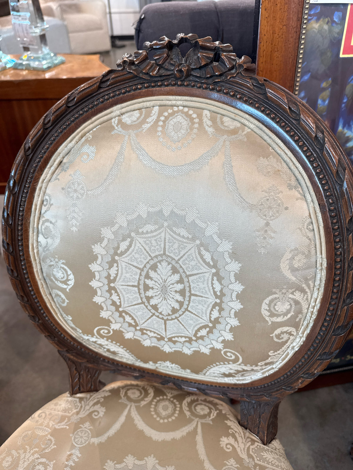 Pair of Antique French Carved Chairs with Cream Silk Cushions
