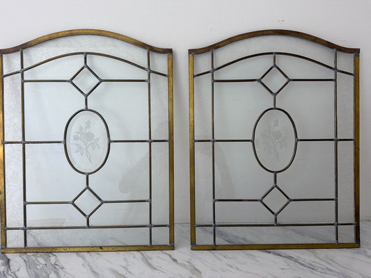 PAIR Antique Stained Glass Etched Panels Brass Trim