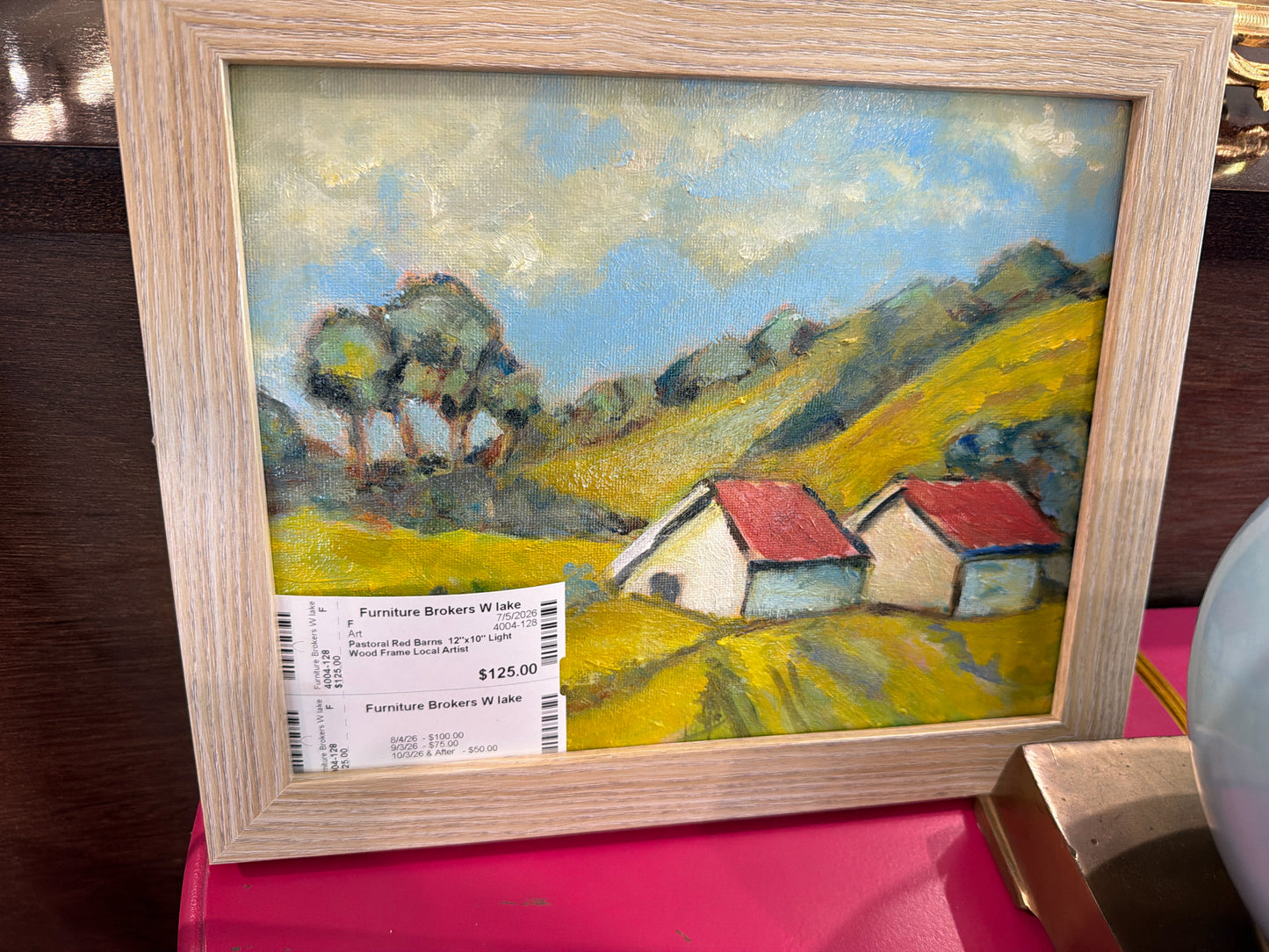 Pastoral Red Barns  12"x10" Light Wood Frame Local Artist