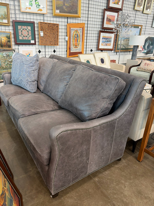 Hickory NC Custom Made 3-Cushion Gray Leather Sofa w/Sloped Arms/Nailhead