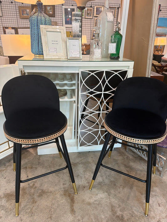 TOV PAIR Black Ultra Suede Counter Barstools w/ Cane Detail
