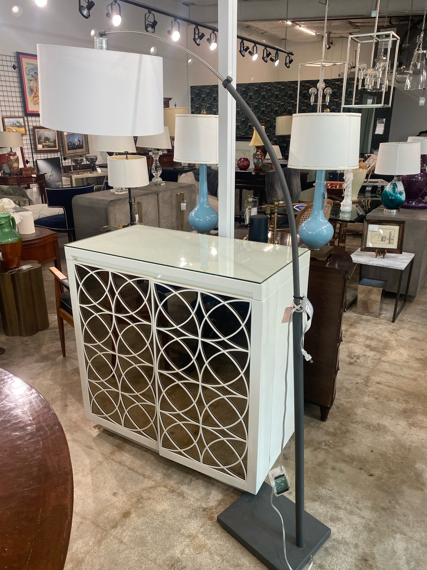Arched Floor Lamp w/ Drum Shade / Gray Metal Base