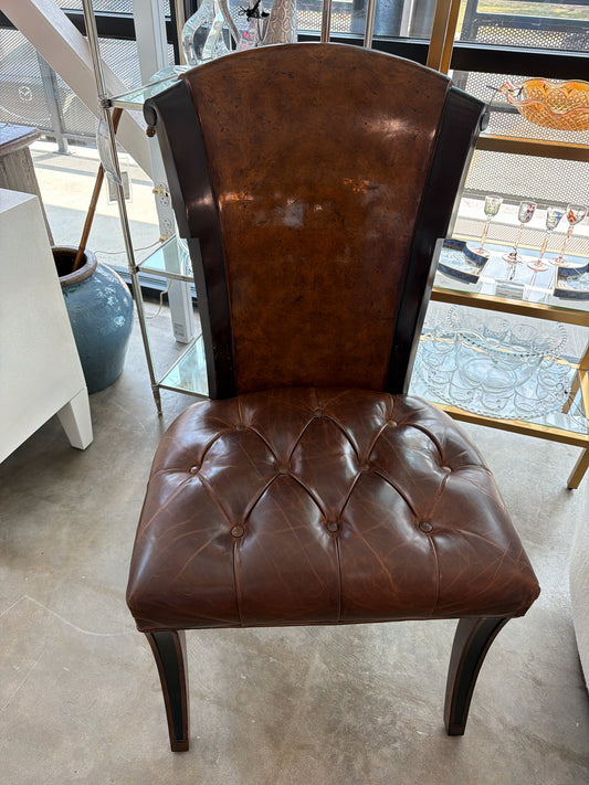 Burl Wood High Back & Distressed Cognac Brown Leather Accent Chair