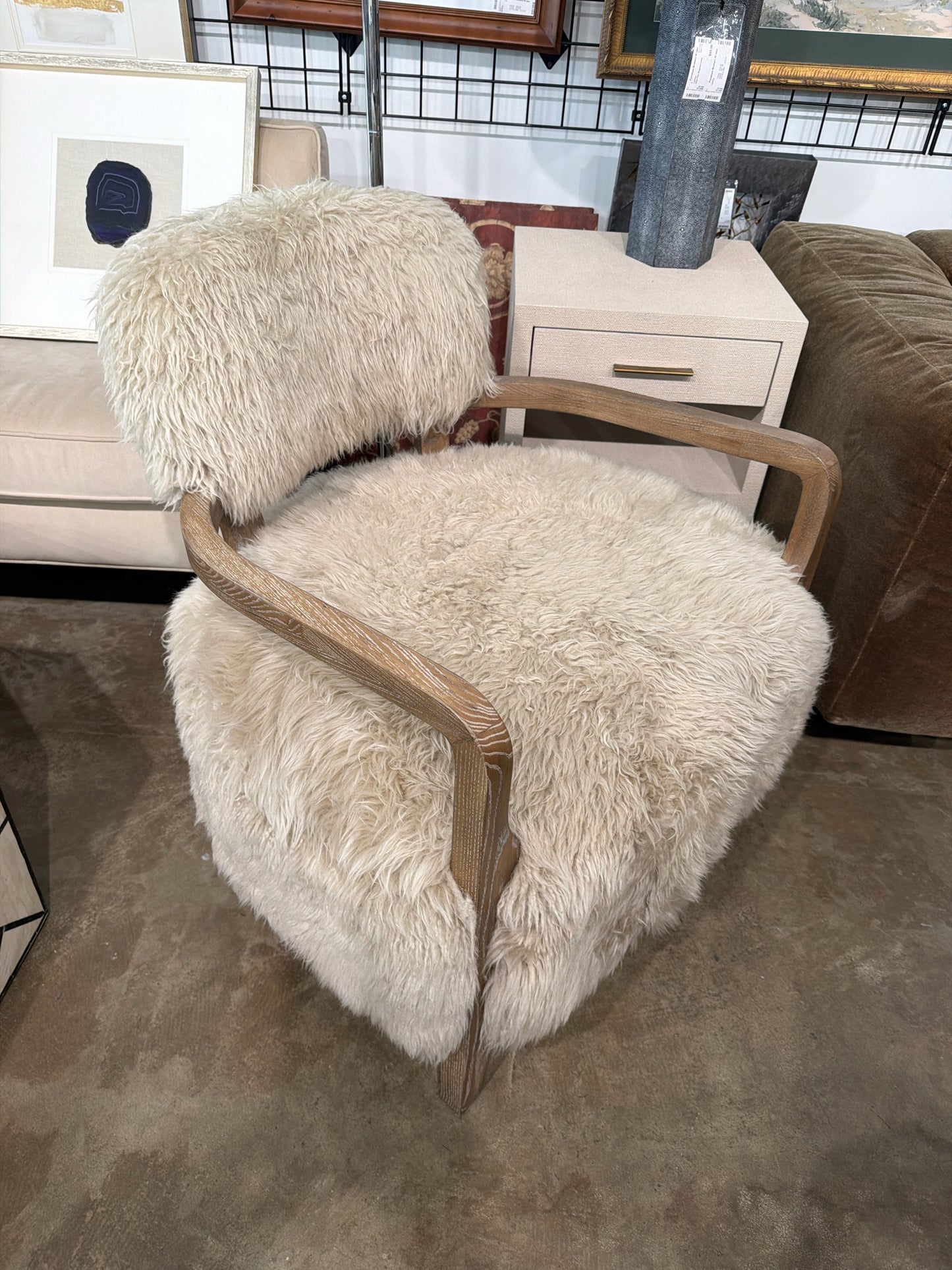 Enchante Shearling Faux  Lounge Chair Wood Arms & Frame