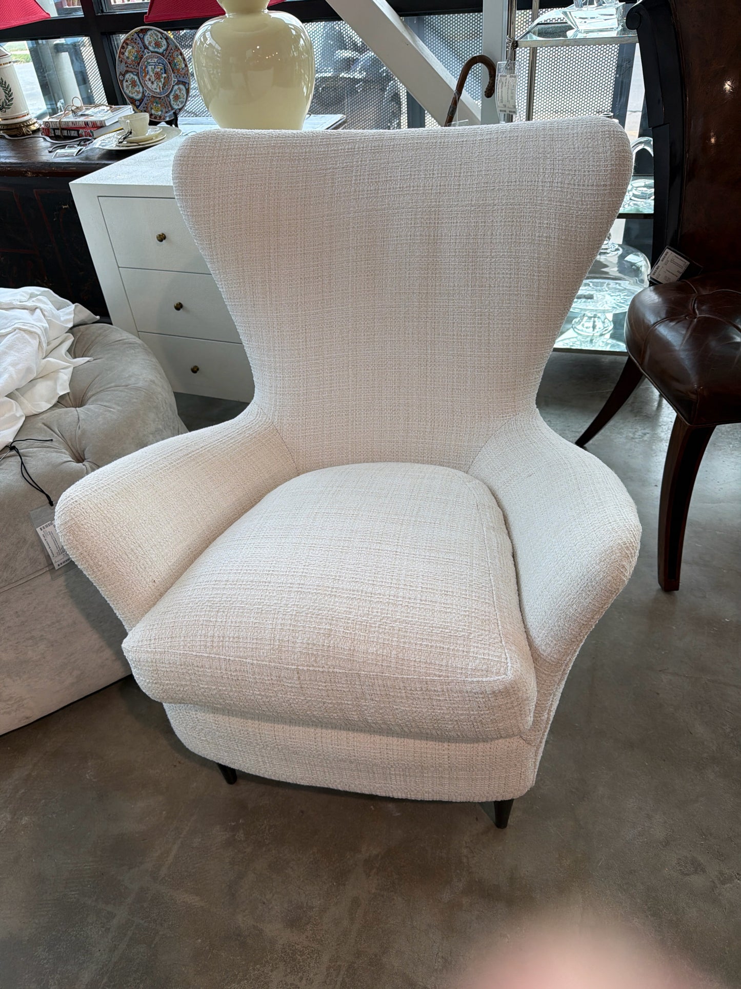 Italian Wingback Style Chair Off White Textured Taper Black Legs