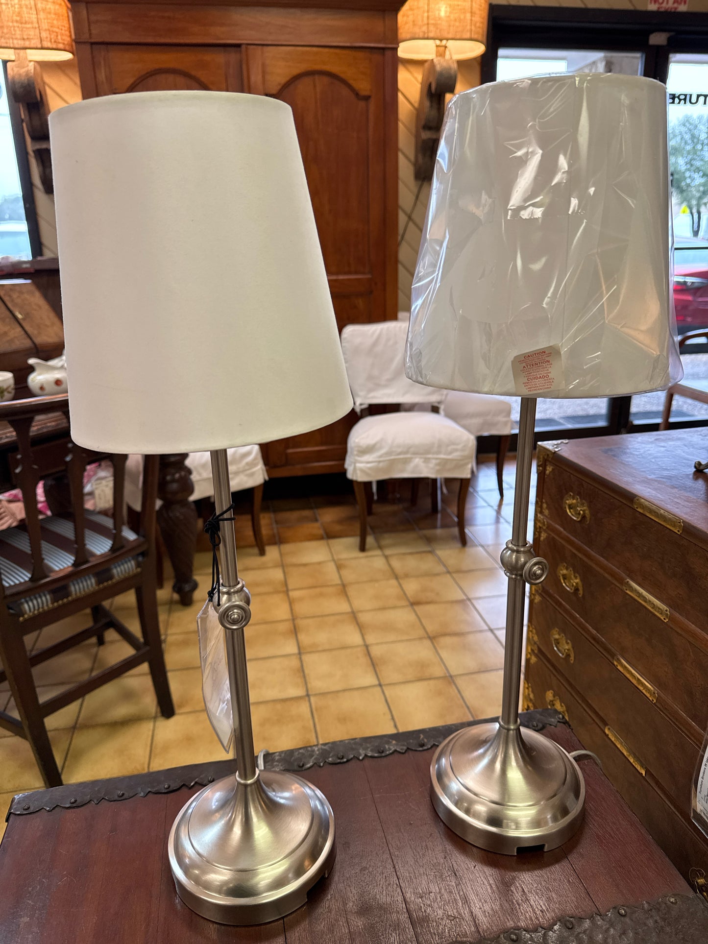 PAIR of Pottery Barn Brushed Nickel Adjustable Lamps with White Shades