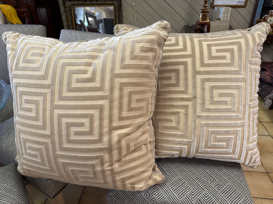 PAIR of Massoud Furniture Large Tan Greek Key Down Filled Pillows