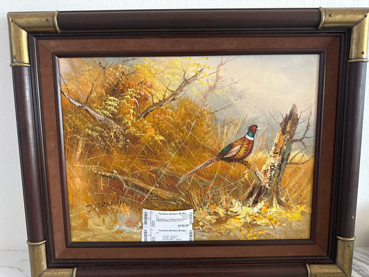Signed Orig., J. Graham of Pheasant in Field Brown/Brass Frame 21 x 17