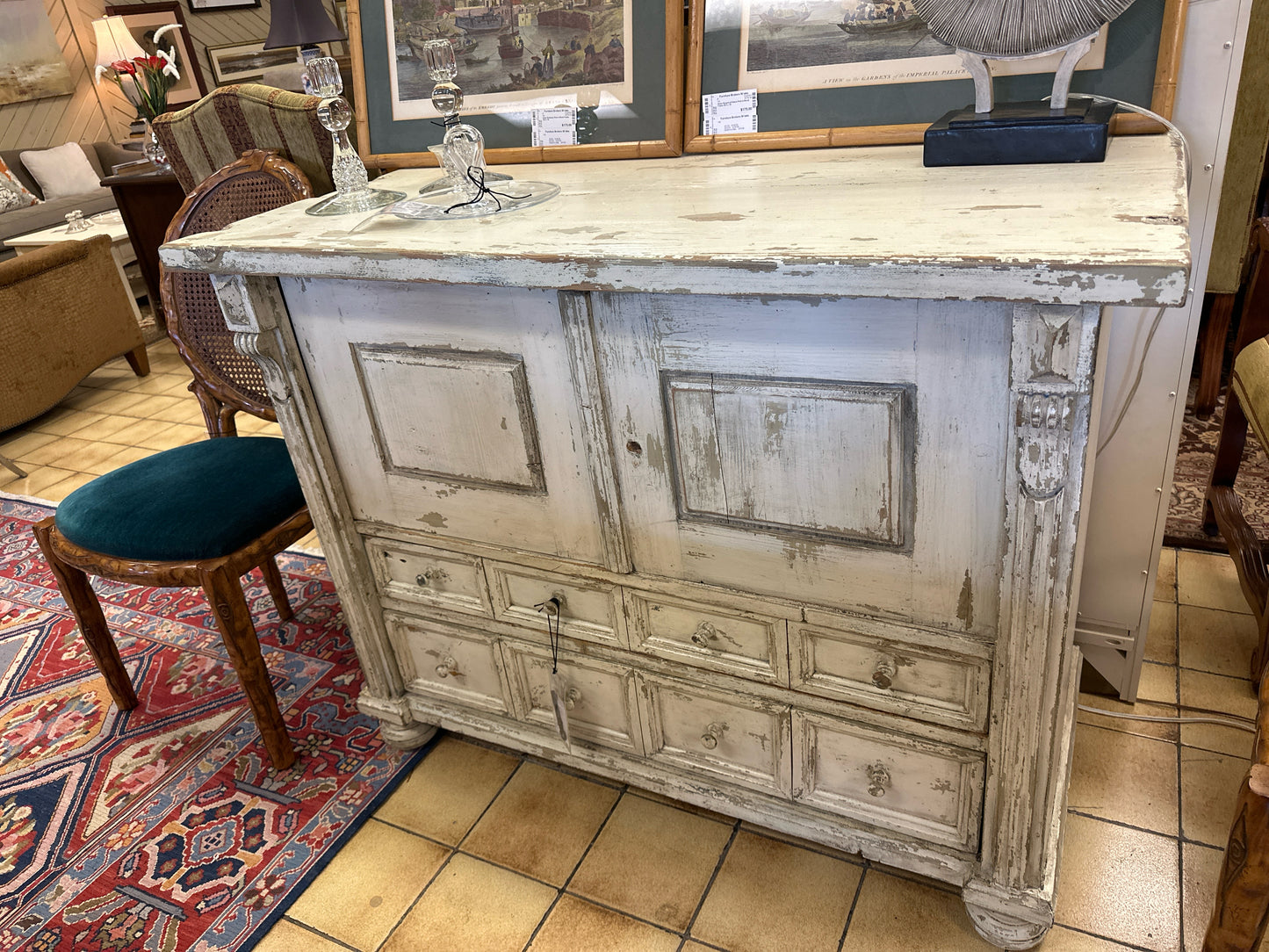 Distressed Cream Painted Cabinet w/ Key  & 3 Drawers from Round Top