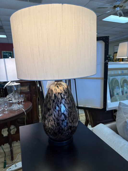 Bronze and Black Glass Lamp /Black Wood Base Linen Shade